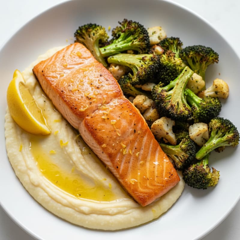 Seared Salmon with Roasted Broccoli and Cauliflower Mash