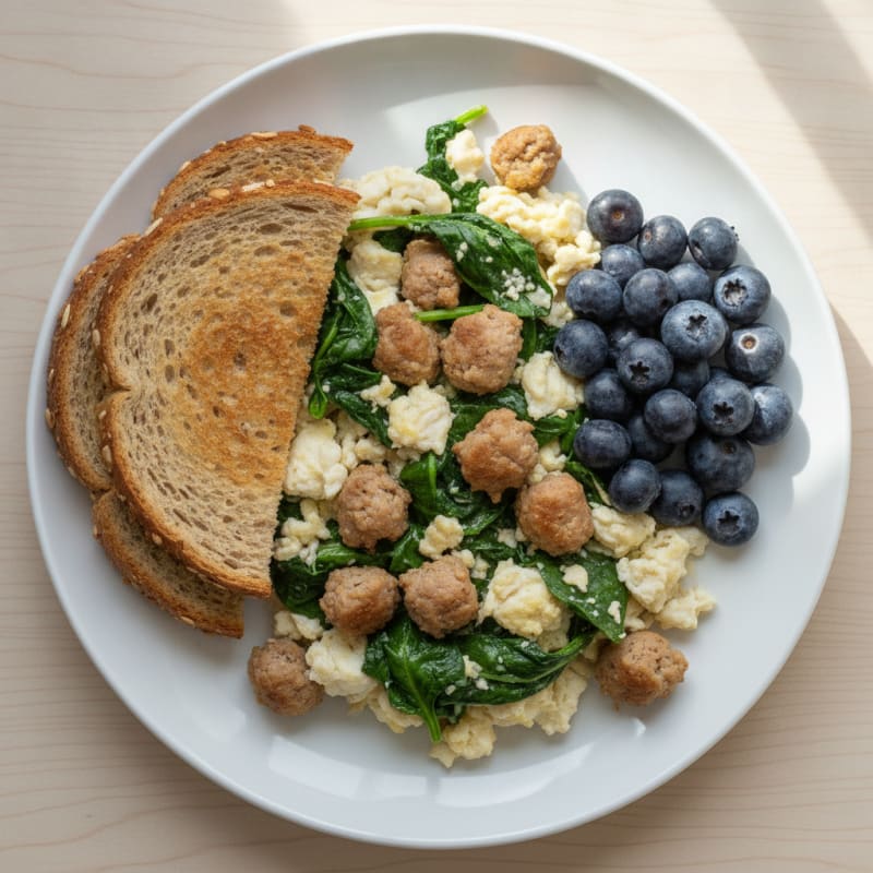 Egg White and Chicken Sausage Scramble with Spinach