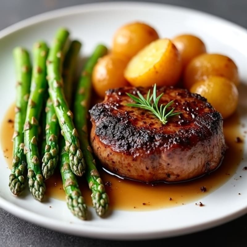Pan-Seared Filet Mignon with Roasted Asparagus and Crispy Garlic Potatoes