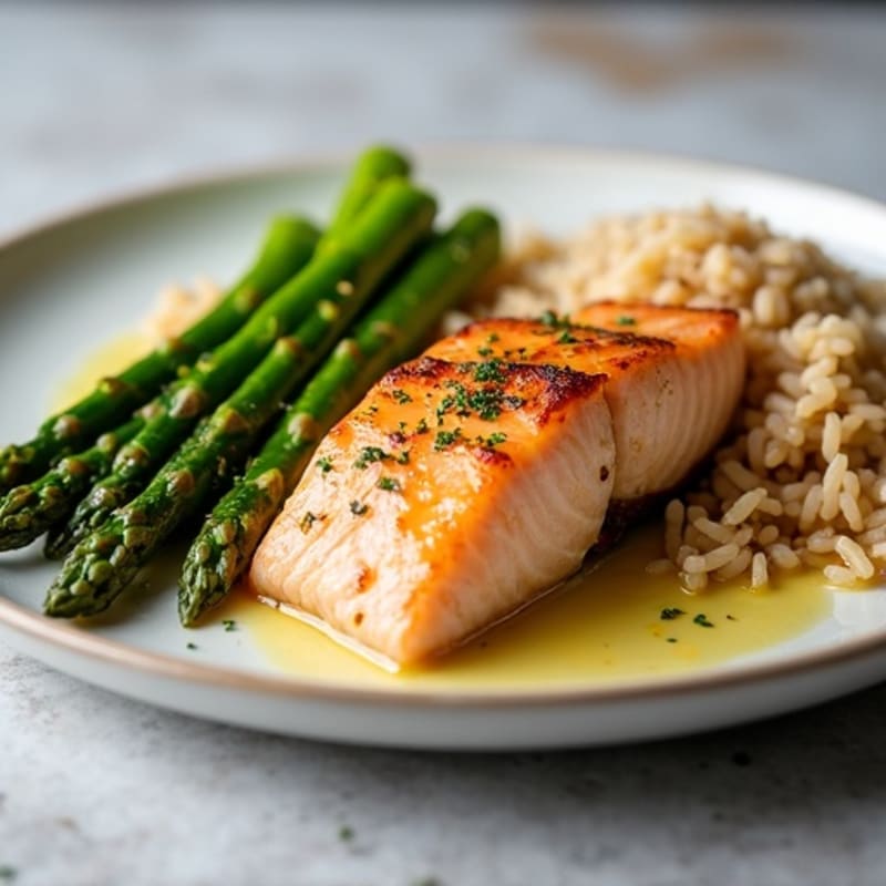 Seared Salmon Fillet with Steamed Asparagus and Brown Rice