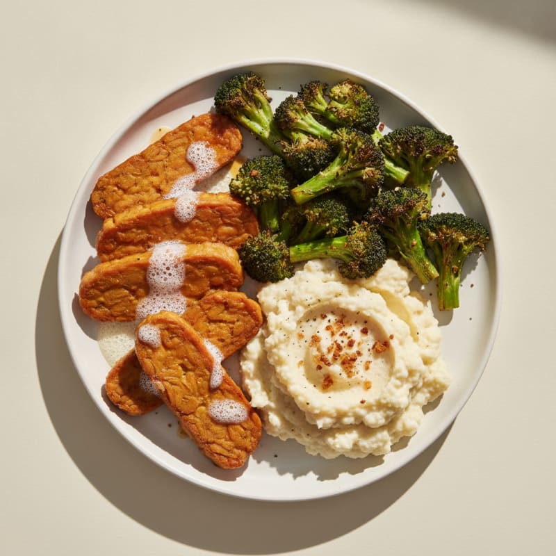 Baked Tempeh with Roasted Broccoli and Cauliflower Mash