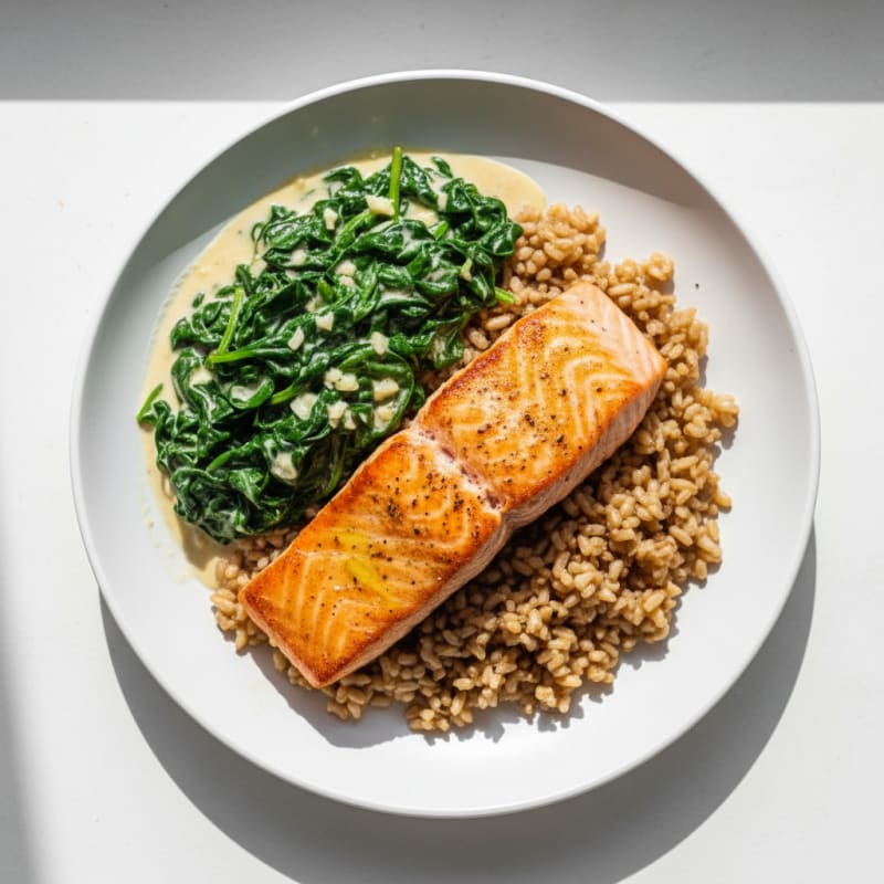Seared Salmon with Creamy Garlic Spinach and Brown Rice