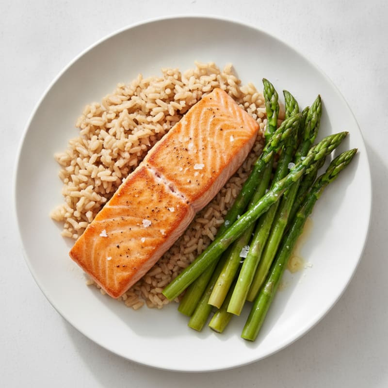 Seared Salmon with Steamed Asparagus and Brown Rice