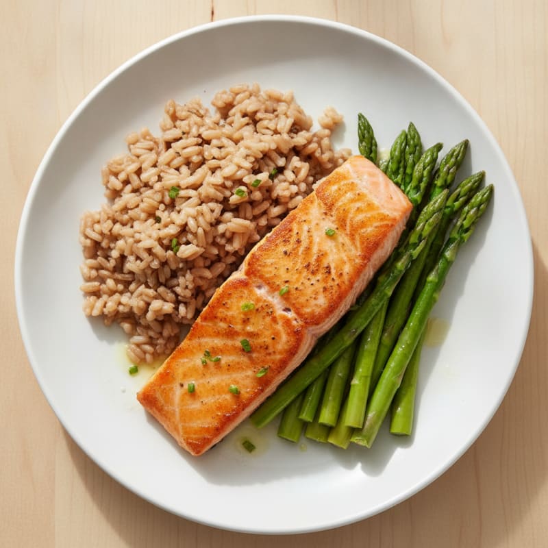 Seared Salmon Fillet with Steamed Asparagus and Brown Rice