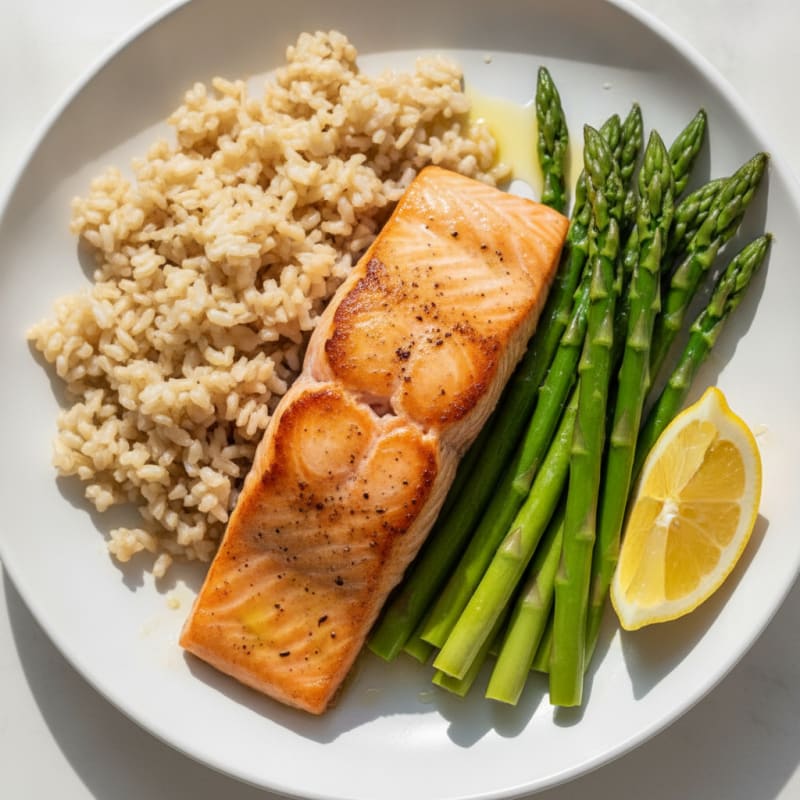 Pan-Seared Salmon with Steamed Asparagus and Brown Rice