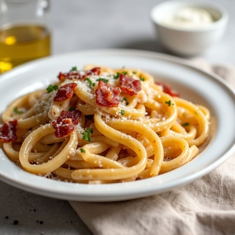 Creamy Garlic-Parmesan Whole Wheat Pasta with Crispy Turkey Bacon