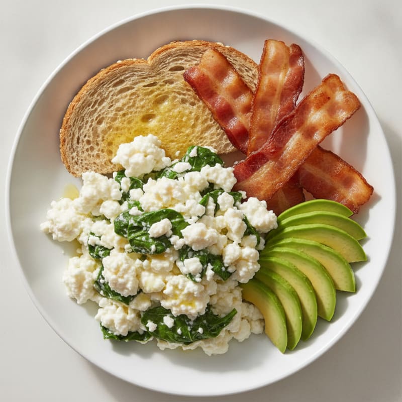 Egg White and Cottage Cheese Scramble with Spinach and Turkey Bacon