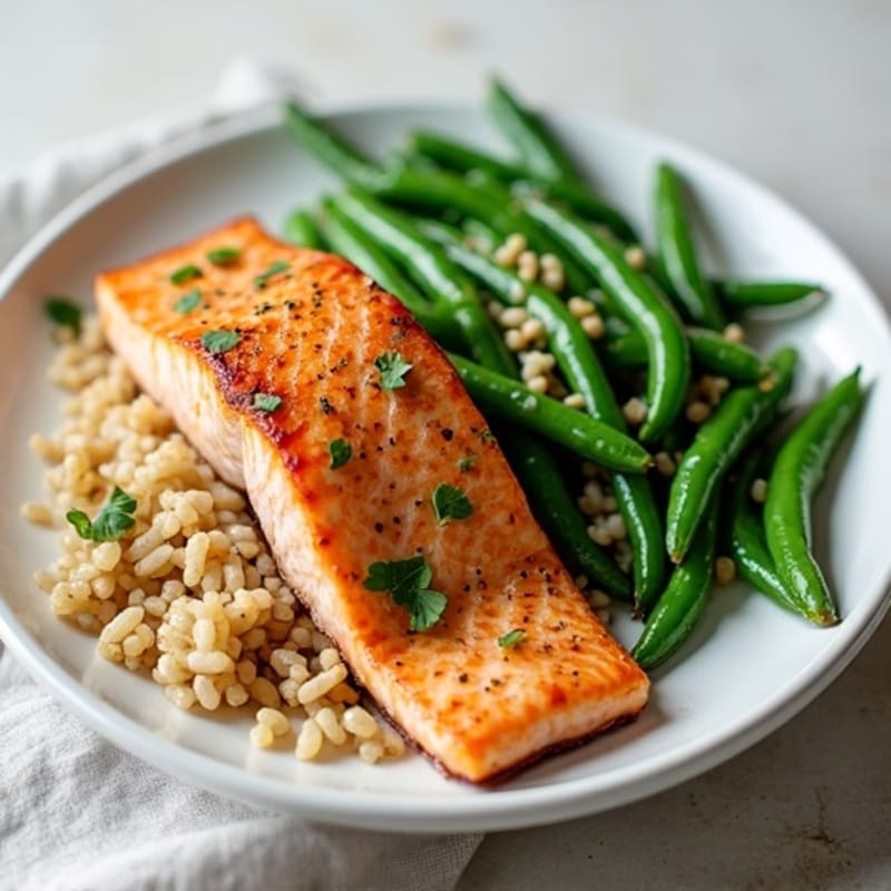 Seared Salmon with Garlic Green Beans and Brown Rice
