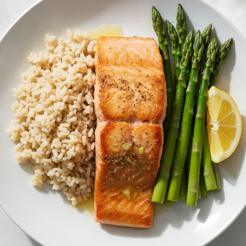 Seared Salmon Fillet with Steamed Asparagus and Brown Rice