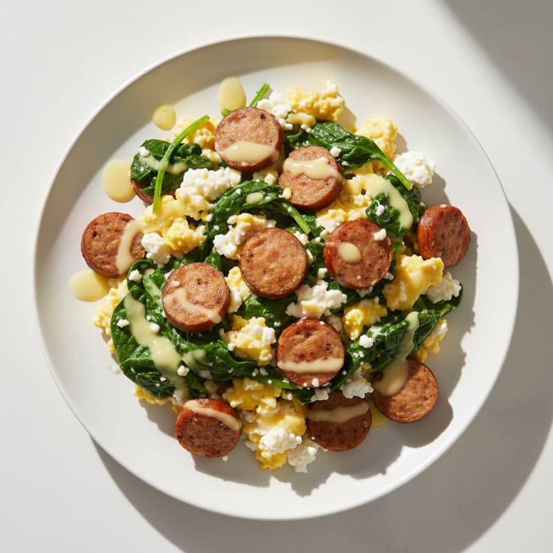 Cottage Cheese Scramble with Turkey Sausage and Spinach