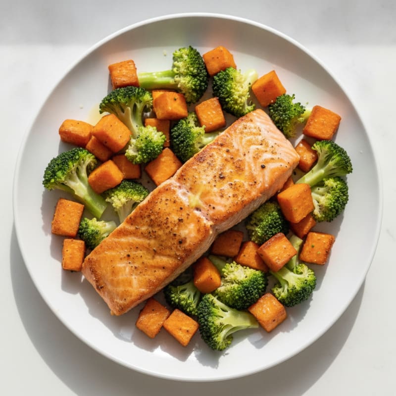 Seared Salmon with Roasted Sweet Potatoes and Steamed Broccoli