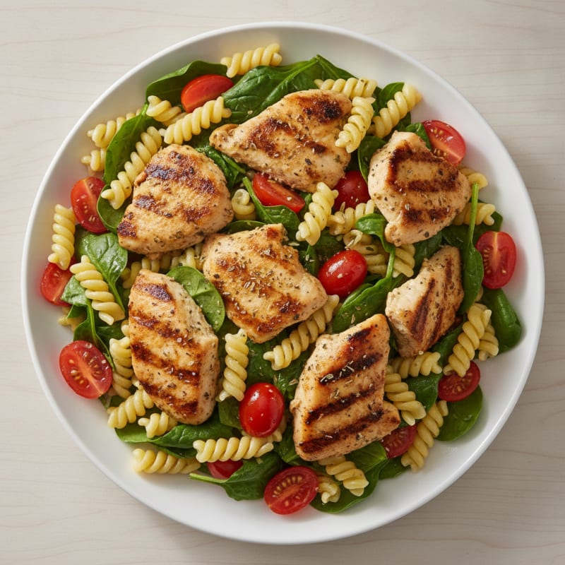 Grilled Chicken Pasta Salad with Spinach and Cherry Tomatoes