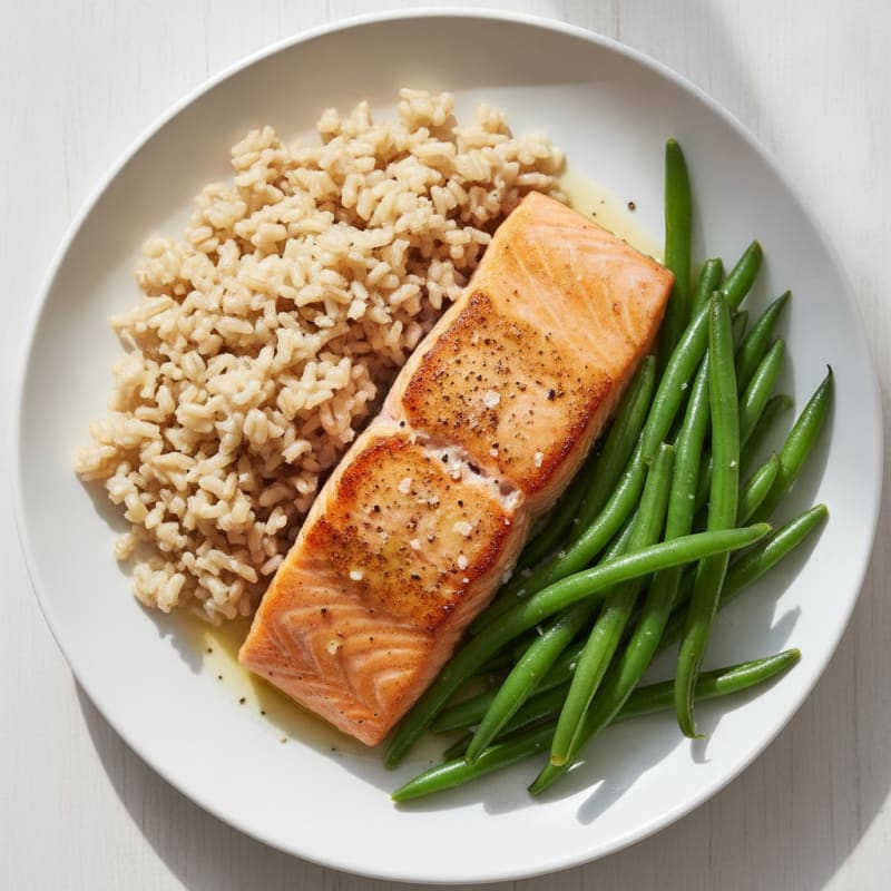 Seared Salmon with Steamed Green Beans and Brown Rice