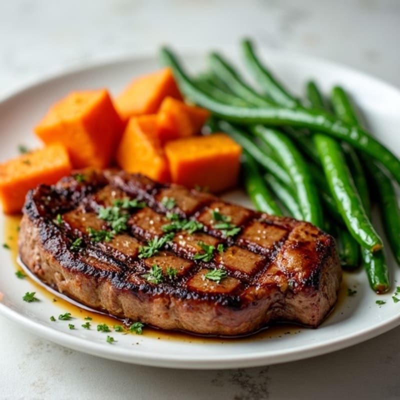 Juicy Grilled Steak with Herb-Roasted Sweet Potatoes and Green Beans