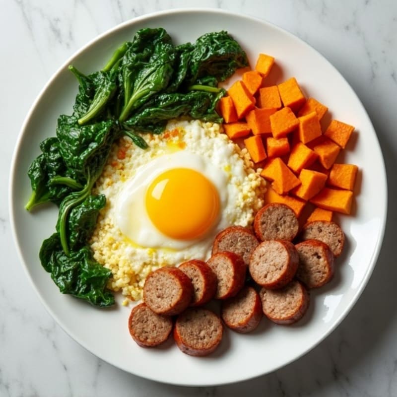 Egg White and Turkey Sausage Scramble with Spinach and Sweet Potato