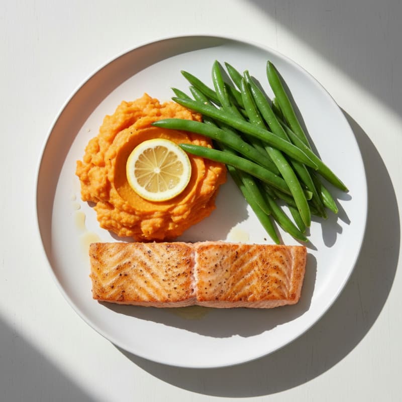 Seared Salmon with Steamed Green Beans and Sweet Potato Mash
