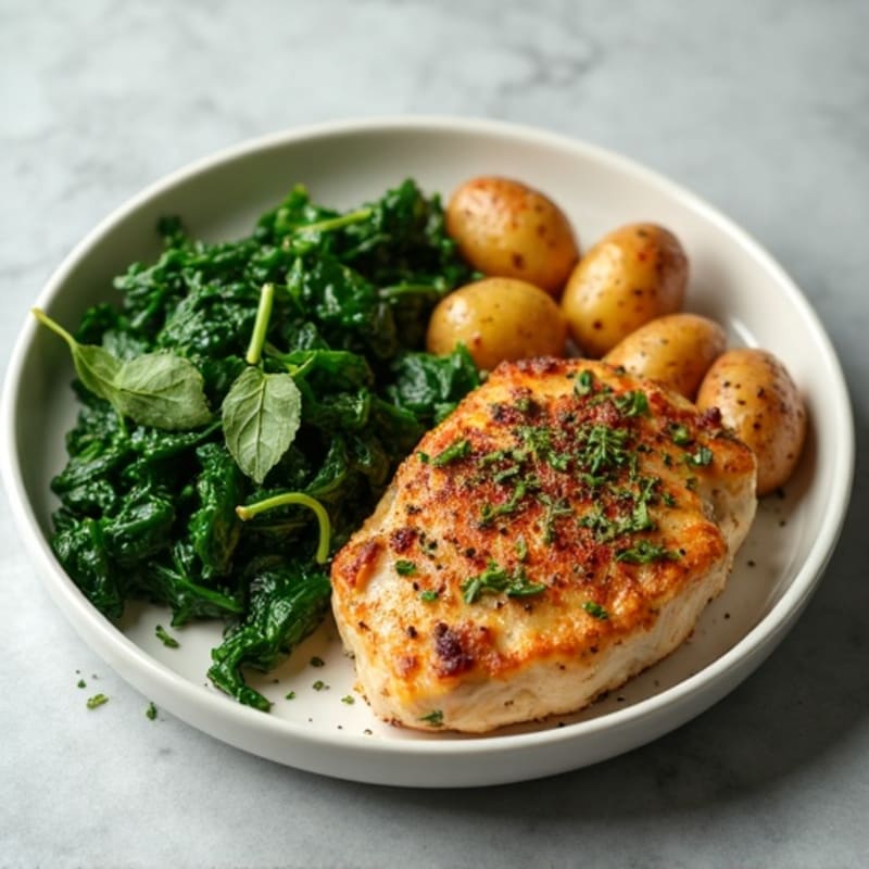 Herb-Seasoned Ground Chicken with Garlicky Sautéed Spinach and Roasted Baby Potatoes