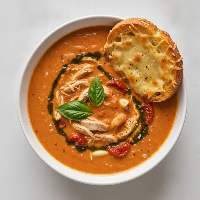 Roasted Tomato Basil Soup with Parmesan Crostini