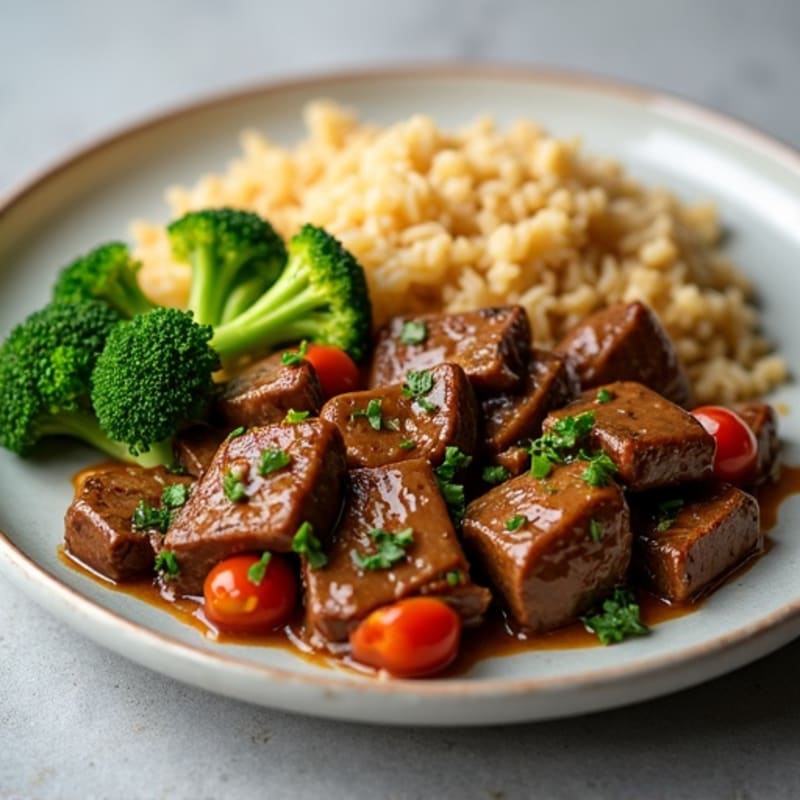 Savory Garlic Ginger Beef and Crisp Broccoli with Fluffy Rice