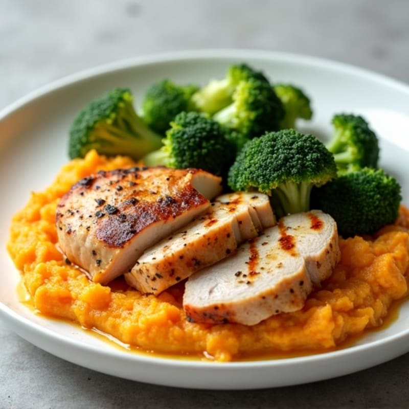 Seared Turkey Breast with Steamed Broccoli and Sweet Potato Mash