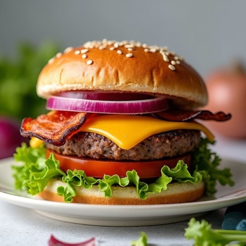 Lean Beef Burger with Crispy Turkey Bacon and Melted Cheddar