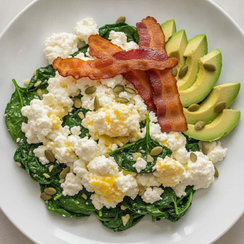 Egg White and Cottage Cheese Scramble with Sautéed Spinach and Turkey Bacon
