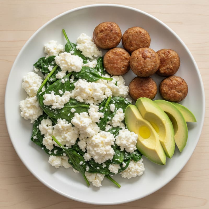 Cottage Cheese Egg White Scramble with Sautéed Spinach and Turkey Sausage