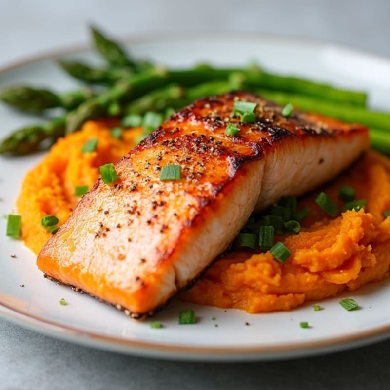 Seared Salmon with Steamed Asparagus and Sweet Potato Mash