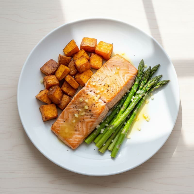 Seared Salmon Fillet with Roasted Sweet Potato and Asparagus