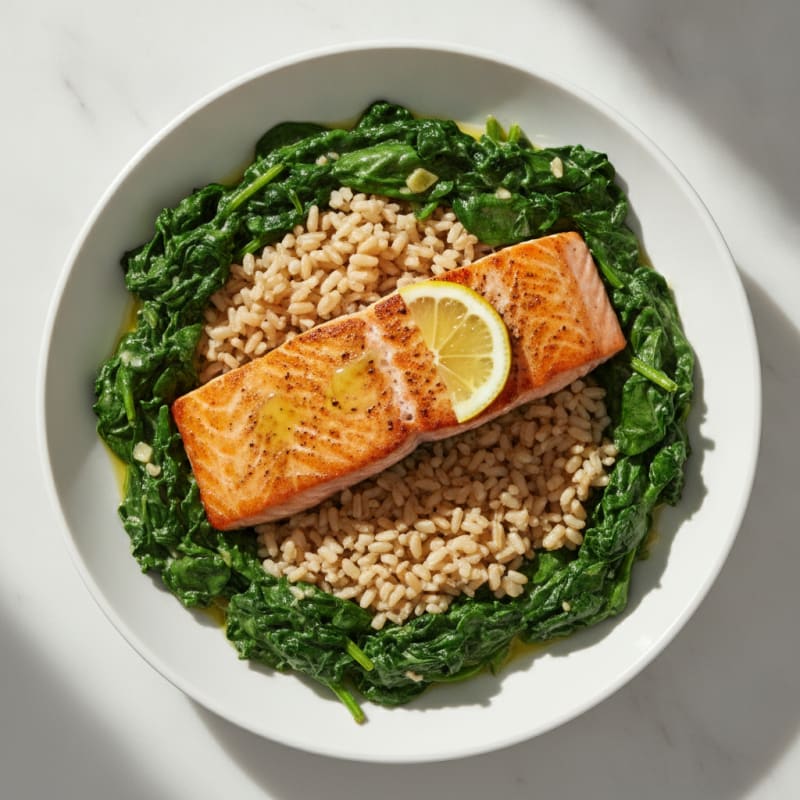 Seared Salmon with Creamy Spinach and Brown Rice