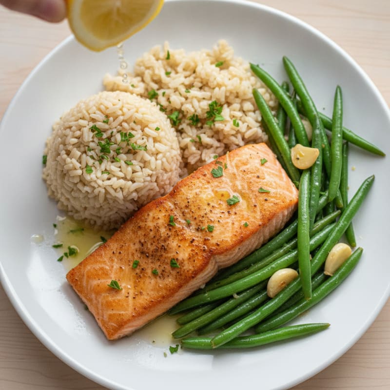 Seared Salmon with Garlic Green Beans and Brown Rice
