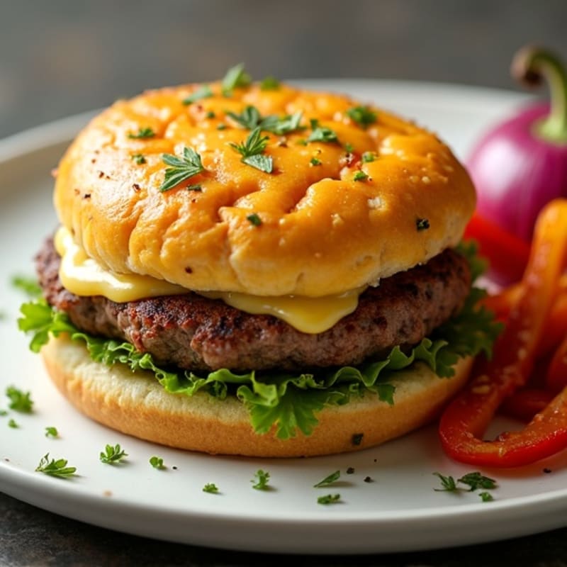 Lean Beef Burger with Golden Mozzarella Crust and Roasted Vegetables