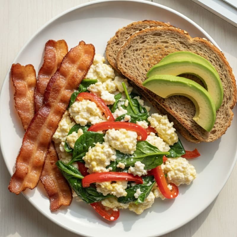 Egg White Veggie Scramble with Cottage Cheese and Turkey Bacon