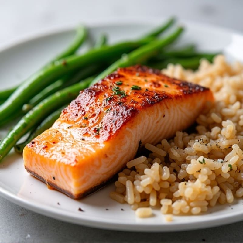 Seared Salmon with Steamed Green Beans and Brown Rice