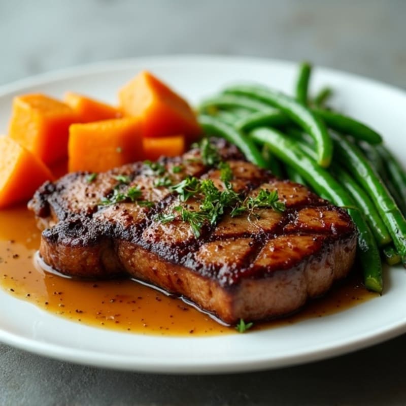 Tender Pan-Seared Steak with Roasted Sweet Potatoes and Crispy Green Beans