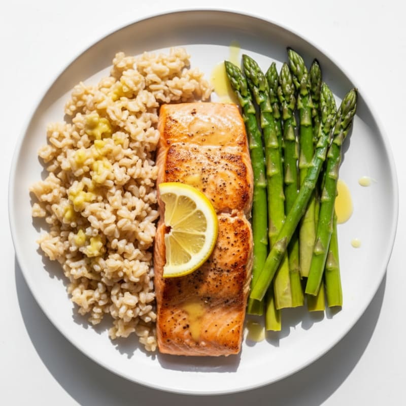 Seared Salmon Fillet with Steamed Asparagus and Brown Rice