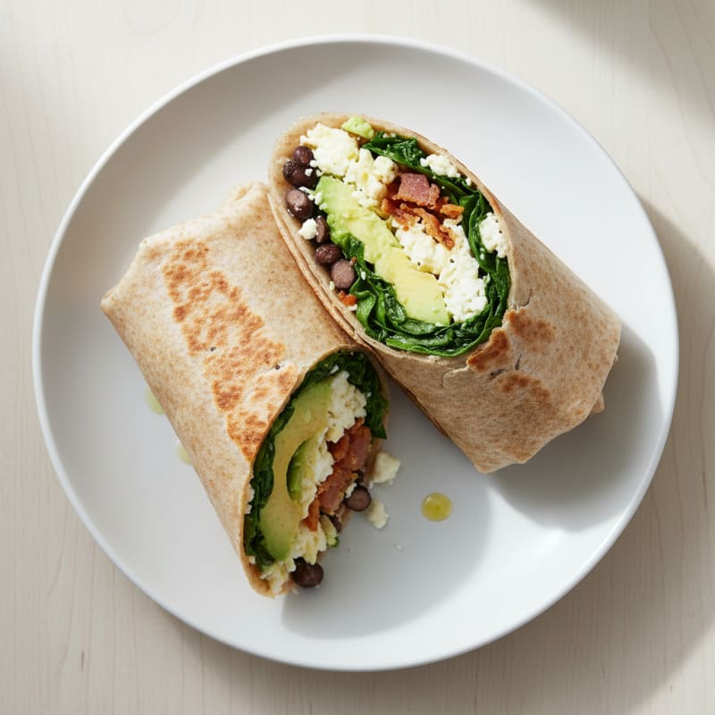 Crispy Turkey Bacon and Egg White Breakfast Burrito with Sautéed Spinach