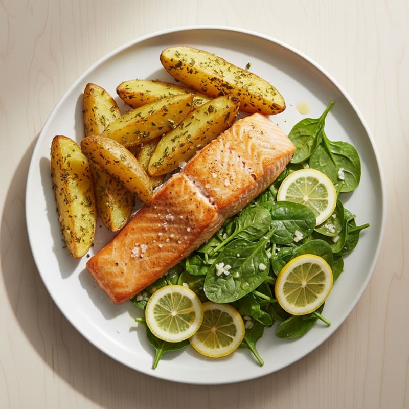 Seared Salmon with Roasted Potato Wedges and Spinach Salad