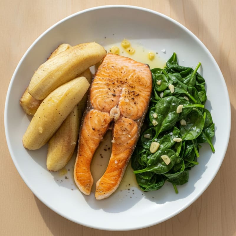 Pan-Seared Salmon with Plantain and Spinach