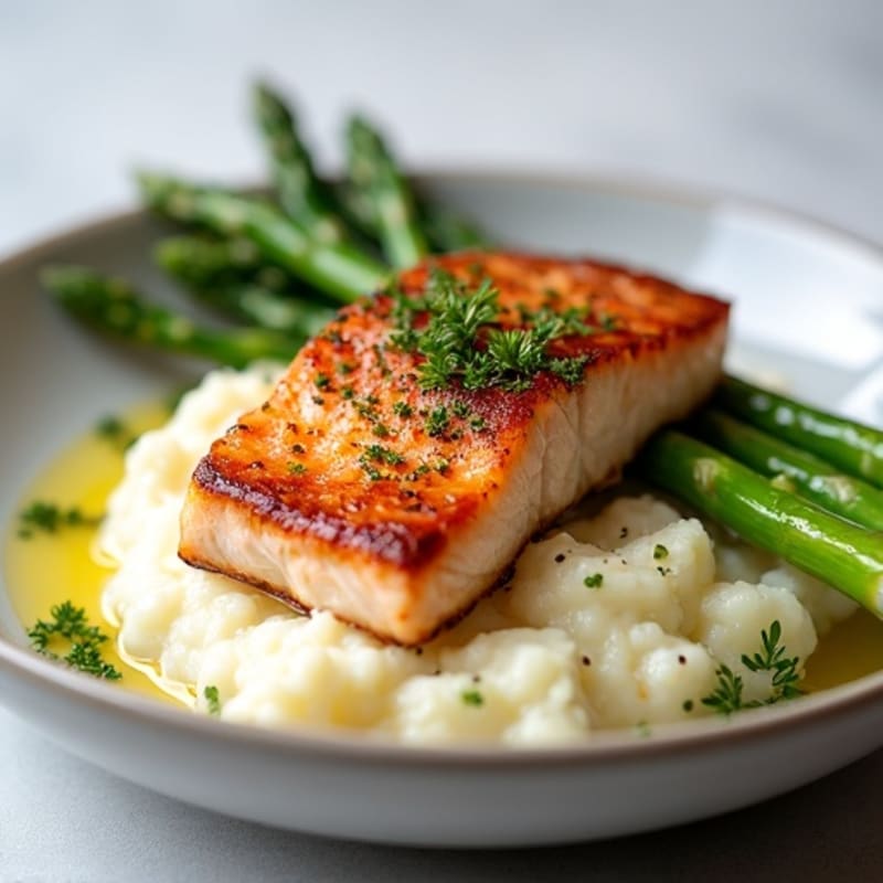 Seared Salmon with Steamed Asparagus and Garlic Mashed Cauliflower
