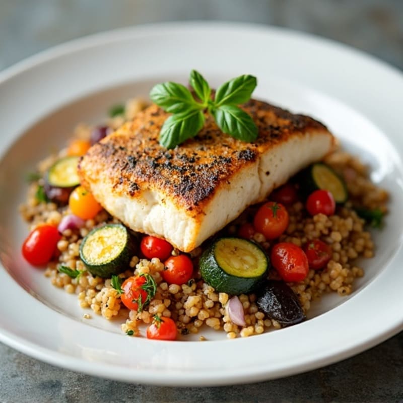 Pan-Seared Hake with Herb Roasted Vegetables and Quinoa