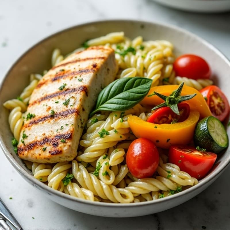 Creamy Pesto Chicken Pasta with Roasted Vegetables