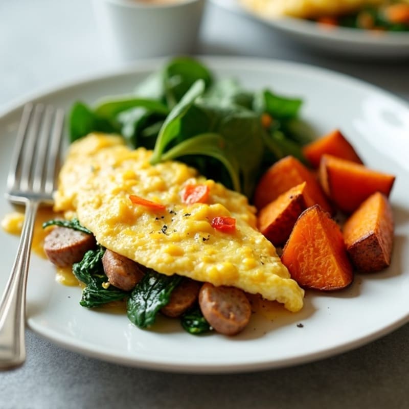 Egg White and Turkey Sausage Scramble with Spinach and Roasted Sweet Potatoes