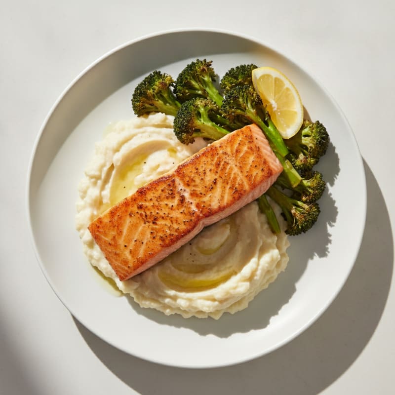 Seared Salmon with Roasted Broccoli and Garlic Mash