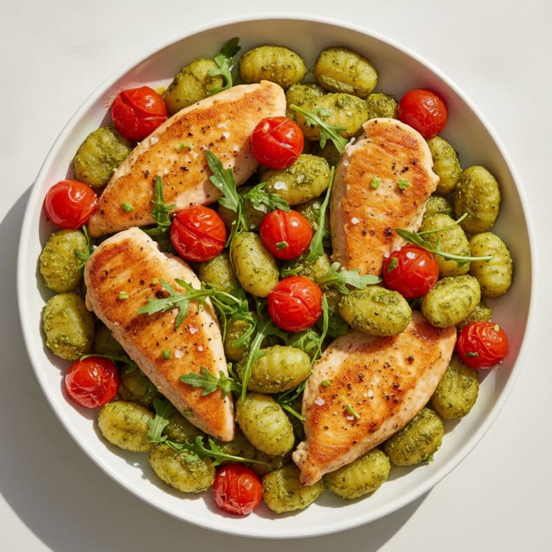Gnocchi with Arugula Pesto and Cherry Tomatoes
