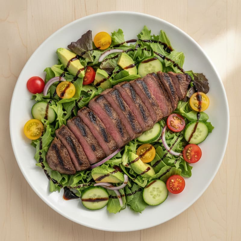 Grilled Beef Steak Salad with Crunchy Mixed Greens and Cherry Tomatoes