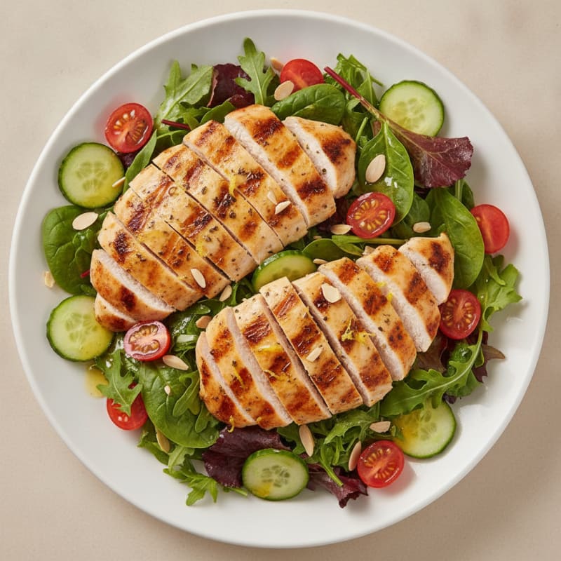 Grilled Chicken Breast Salad with Mixed Greens and Cherry Tomatoes