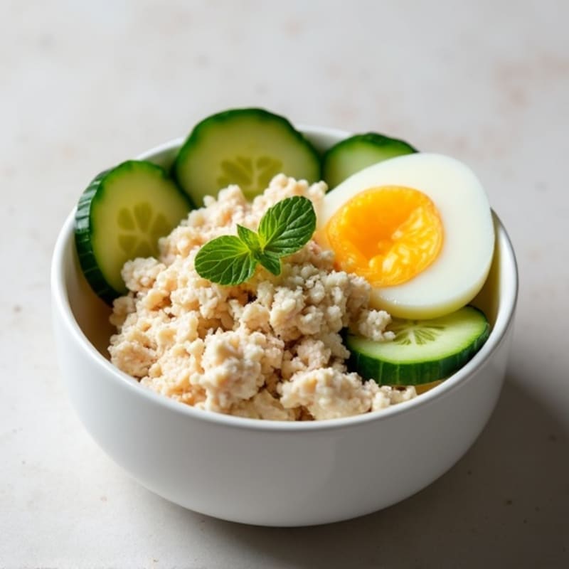 High-Protein Tuna Cottage Cheese Bowl with Sliced Cucumbers