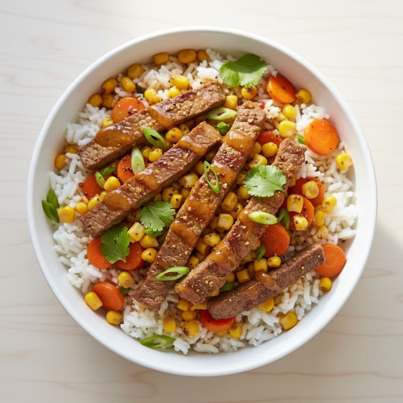 Beef Fajita Rice Bowl with Corn and Carrots
