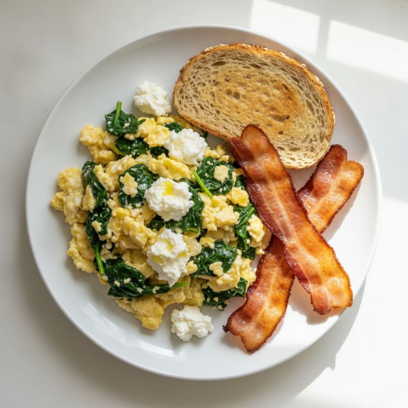 Egg White and Spinach Scramble with Cottage Cheese and Turkey Bacon